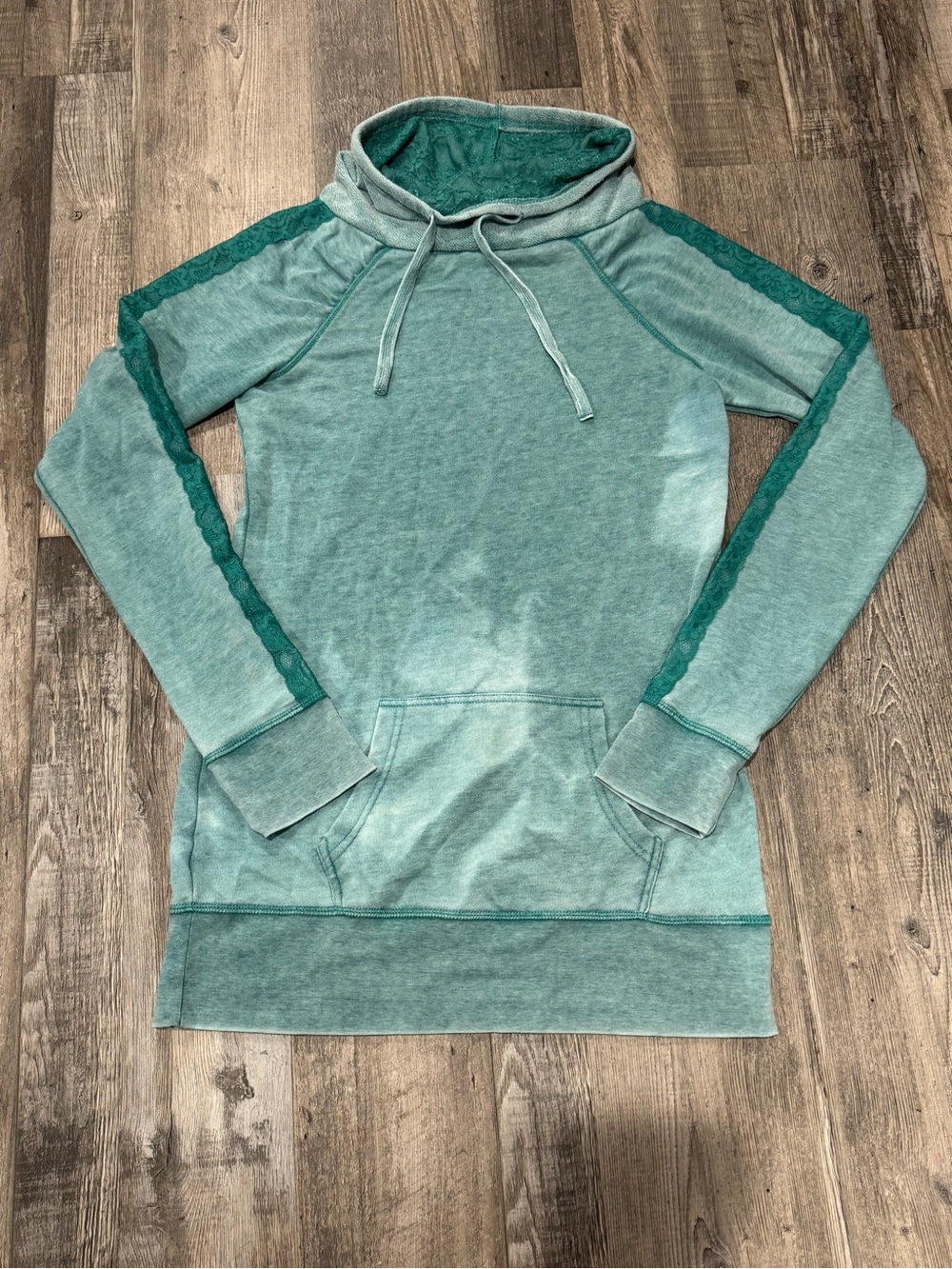 Vanity Teal Lace-Trim Pullover Cowl Neck Hoodie